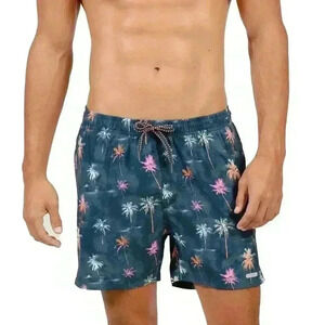 Men's Palm Tree Print Swim Trunks - Blue